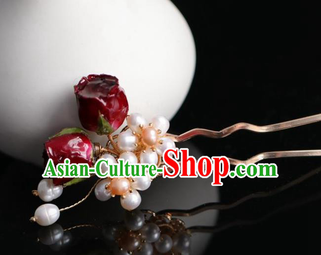 Chinese Handmade Ming Dynasty Princess Pearls Wine Red Flowers Hairpins Ancient Hanfu Hair Accessories for Women