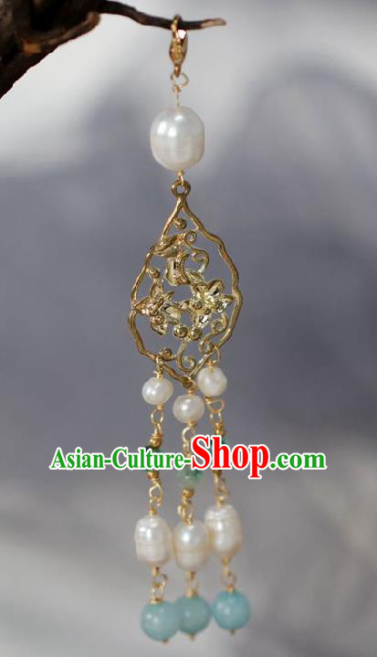 Chinese Traditional Ming Dynasty Pearls Tassel Golden Pendant Handmade Ancient Princess Jewelry Accessories for Women