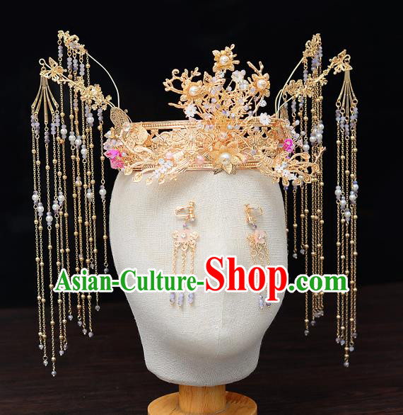 Chinese Traditional Wedding Queen Golden Hair Crown Hairpins Handmade Bride Hair Accessories for Women