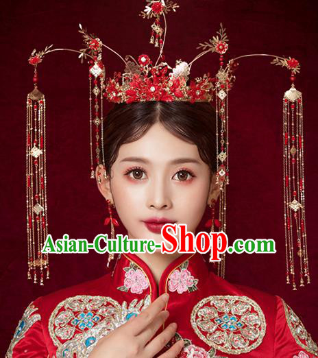 Chinese Traditional Wedding Queen Red Flowers Hair Crown Hairpins Handmade Bride Hair Accessories for Women