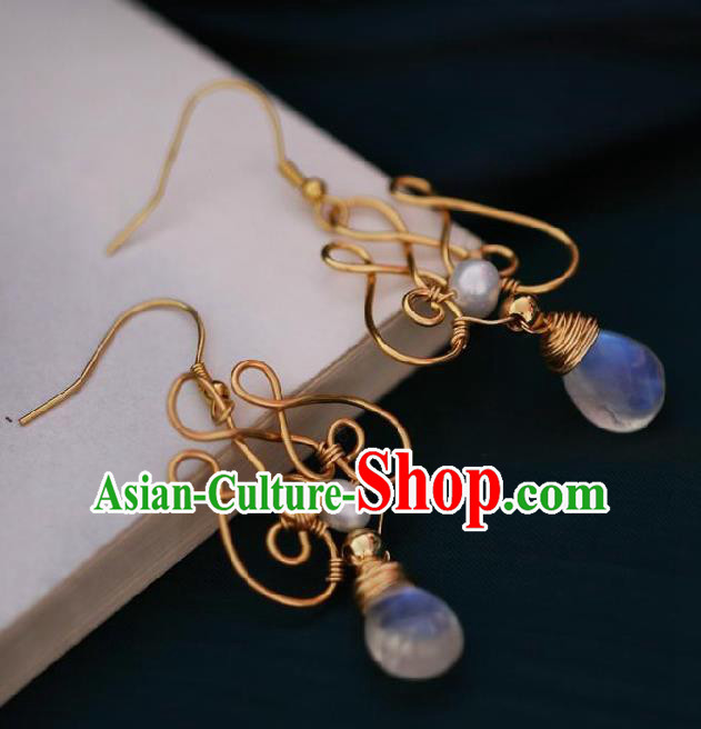 Chinese Traditional Hanfu Moonstone Golden Earrings Handmade Ear Jewelry Accessories for Women
