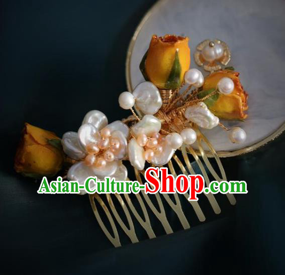 Chinese Handmade Ming Dynasty Princess Orange Flowers Hair Comb Hairpins Ancient Hanfu Hair Accessories for Women
