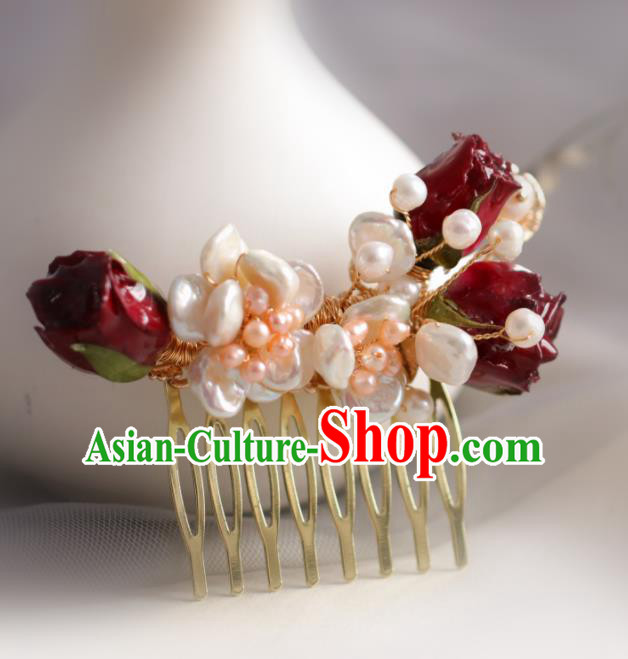 Chinese Handmade Ming Dynasty Princess Red Flowers Hair Comb Hairpins Ancient Hanfu Hair Accessories for Women