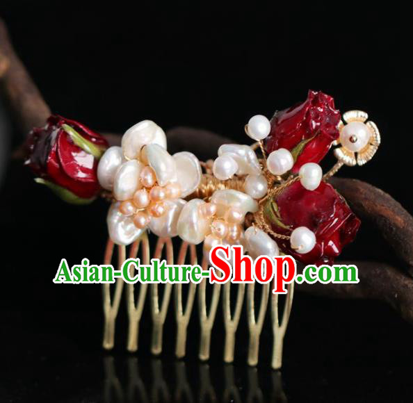 Chinese Handmade Ming Dynasty Princess Red Flowers Hair Comb Hairpins Ancient Hanfu Hair Accessories for Women
