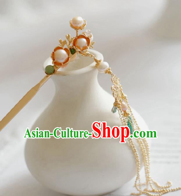 Chinese Handmade Tang Dynasty Princess Pink Pearls Tassel Hairpins Ancient Hanfu Hair Accessories for Women