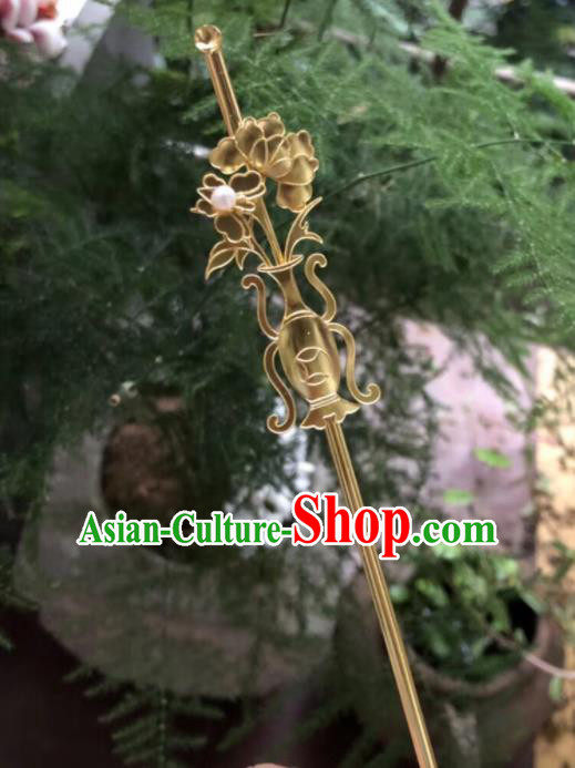 Chinese Traditional Hanfu Tang Dynasty Court Golden Vase Hairpins Handmade Ancient Royal Princess Hair Accessories for Women