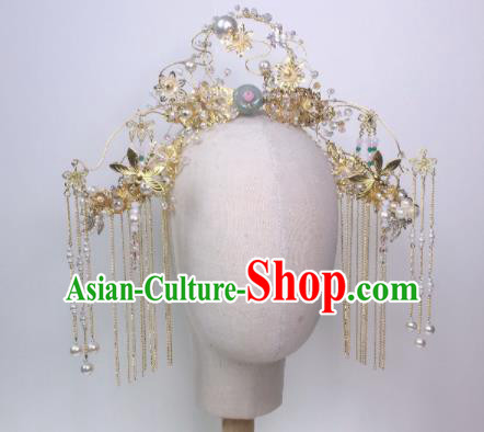 Chinese Traditional Hanfu Wedding Golden Tassel Hair Crown Handmade Ancient Princess Hair Accessories for Women
