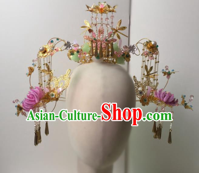Chinese Traditional Hanfu Wedding Hairpins Golden Tassel Hair Crown Handmade Ancient Princess Hair Accessories for Women