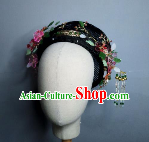 Chinese Handmade Qing Dynasty Manchu Imperial Consort Rosy Flower Hairpins Hat Ancient Empress Hair Accessories for Women