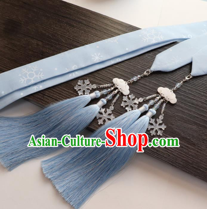 Chinese Traditional Hanfu Blue Ribbon Hairband Handmade Ancient Princess Hair Accessories for Women