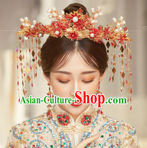Traditional Chinese Handmade Hairpins Red Flowers Phoenix Coronet Ancient Bride Hair Accessories for Women