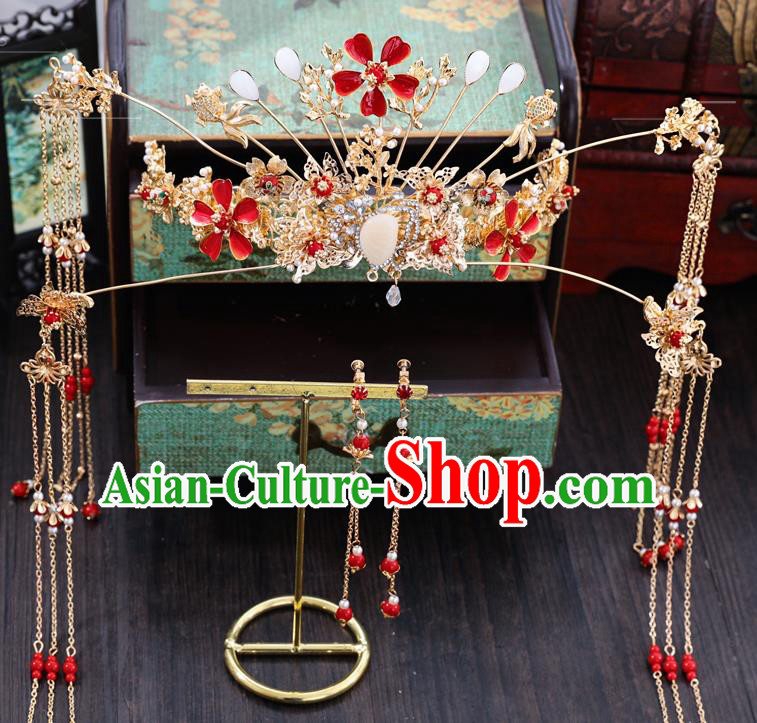 Traditional Chinese Wedding Red Plum Phoenix Coronet Hairpins Handmade Ancient Bride Hair Accessories for Women