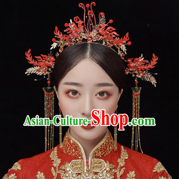 Traditional Chinese Handmade Red Phoenix Chaplet Hairpins Ancient Bride Hair Accessories for Women