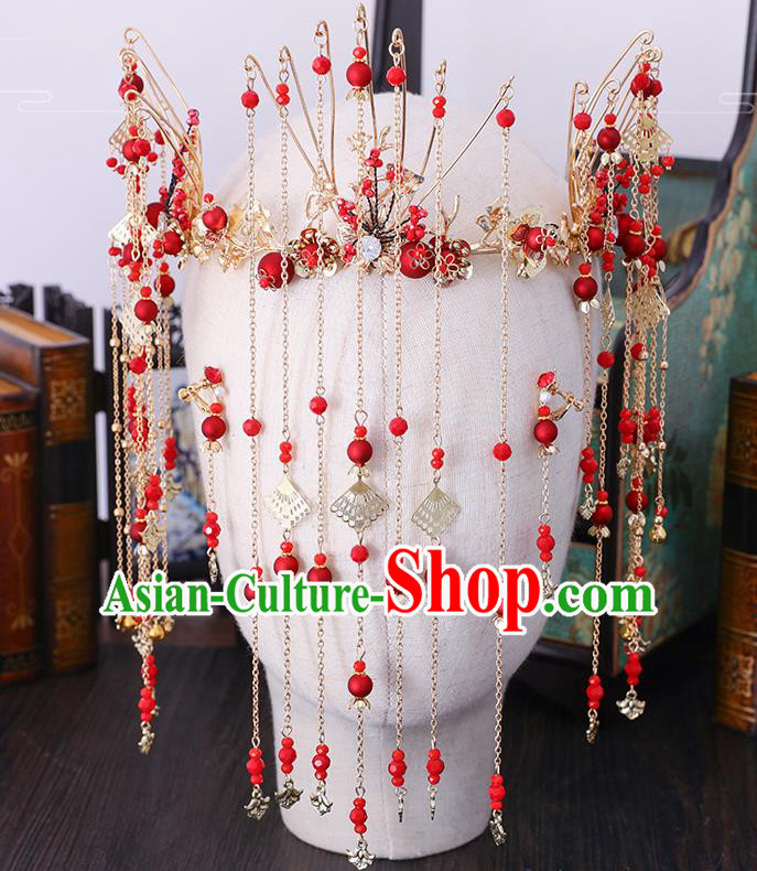 Traditional Chinese Wedding Cloisonne Red Beads Hair Clasp Tassel Hairpins Handmade Ancient Bride Hair Accessories for Women