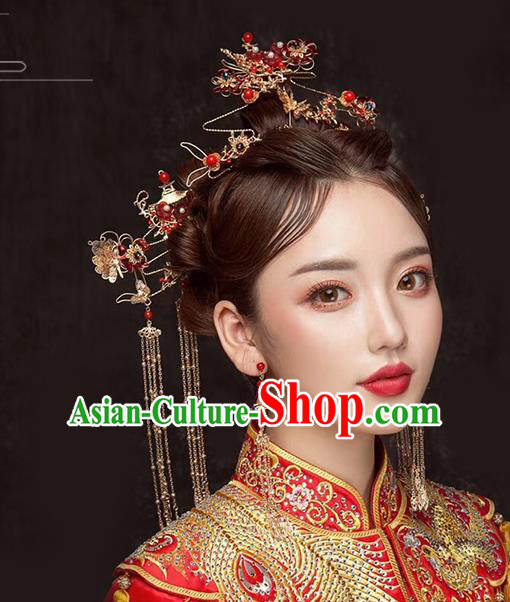 Traditional Chinese Wedding Red Plum Blossom Hair Clasp Tassel Hairpins Handmade Ancient Bride Hair Accessories for Women