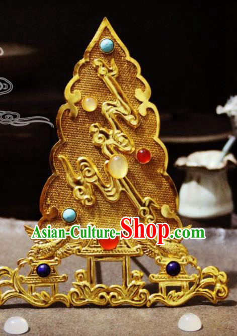 Chinese Traditional Tang Dynasty Court Gem Golden Hair Crown Handmade Ancient Royal Empress Hair Accessories for Women