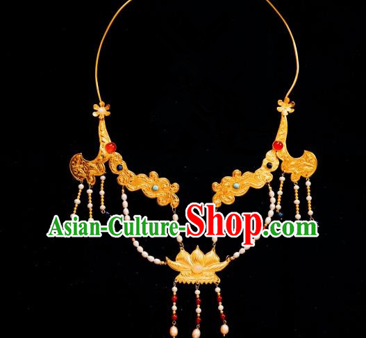 Chinese Traditional Tang Dynasty Golden Necklace Handmade Ancient Princess Pearls Necklet Accessories for Women