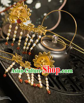 Chinese Traditional Tang Dynasty Court Tassel Golden Hairpins Handmade Ancient Royal Empress Hair Accessories for Women