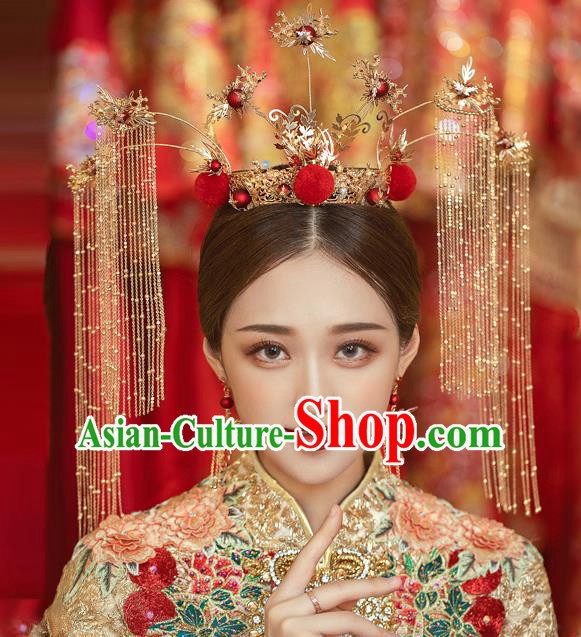 Traditional Chinese Handmade Red Venonat Chaplet Hair Crown Hairpins Ancient Bride Hair Accessories for Women