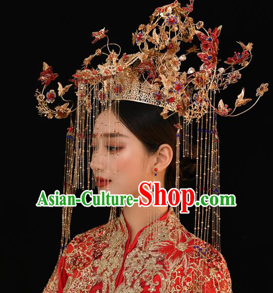 Traditional Chinese Handmade Red Butterfly Chaplet Hair Crown Hairpins Ancient Bride Hair Accessories for Women