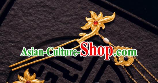 Chinese Traditional Tang Dynasty Court Golden Lotus Tassel Hairpins Handmade Ancient Royal Empress Hair Accessories for Women