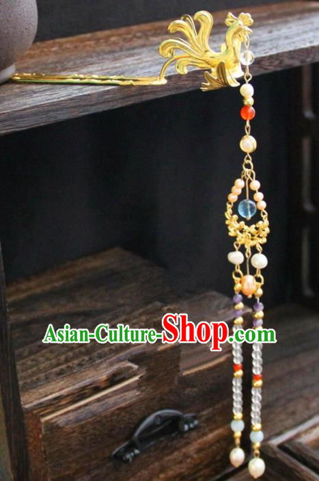 Chinese Traditional Ming Dynasty Golden Phoenix Tassel Hairpins Handmade Ancient Royal Princess Hair Accessories for Women