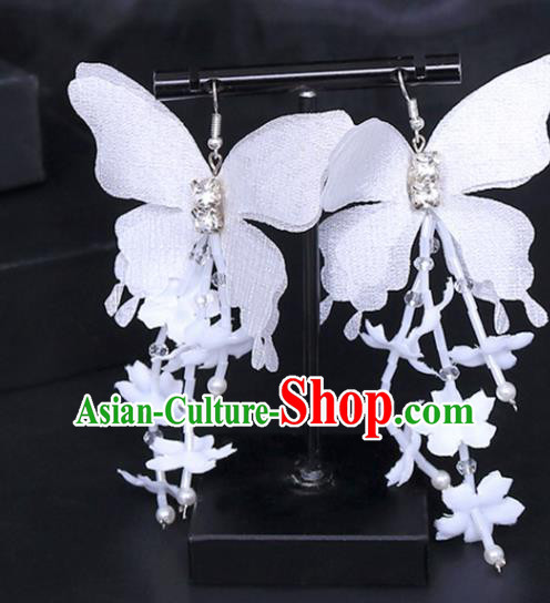Chinese Traditional Wedding White Silk Butterfly Earrings Handmade Ancient Bride Ear Accessories for Women