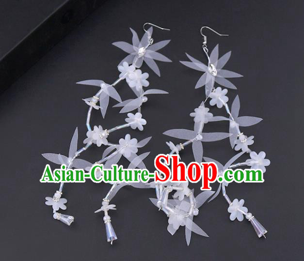 Chinese Traditional Handmade Wedding White Silk Flowers Earrings Ancient Bride Ear Accessories for Women