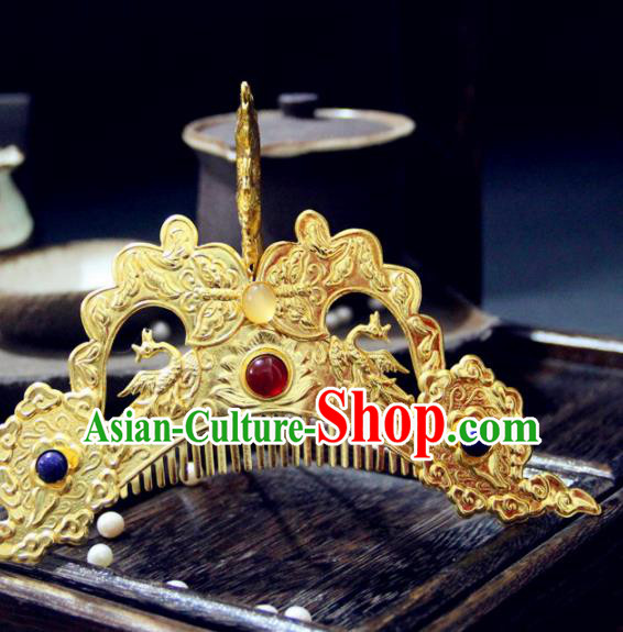 Chinese Traditional Tang Dynasty Golden Gem Hair Comb Hairpin Handmade Ancient Royal Empress Hair Accessories for Women
