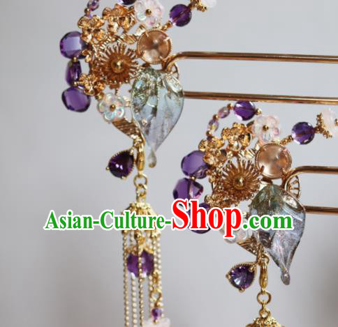 Traditional Chinese Ming Dynasty Princess Purple Tassel Hairpins Ancient Court Queen Hair Accessories for Women
