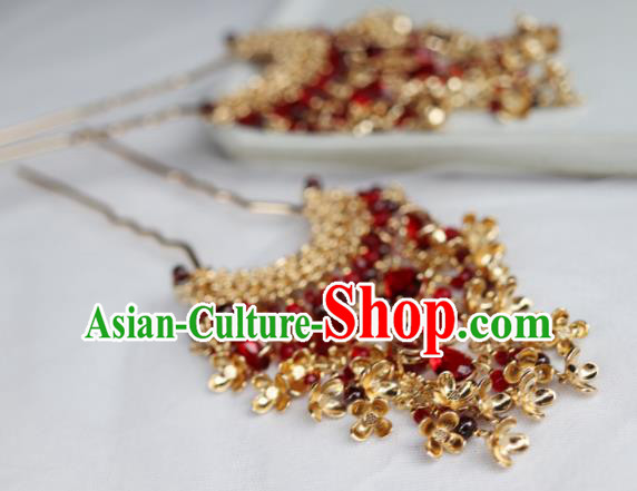 Traditional Chinese Ming Dynasty Princess Red Crystal Tassel Hairpins Ancient Court Queen Hair Accessories for Women