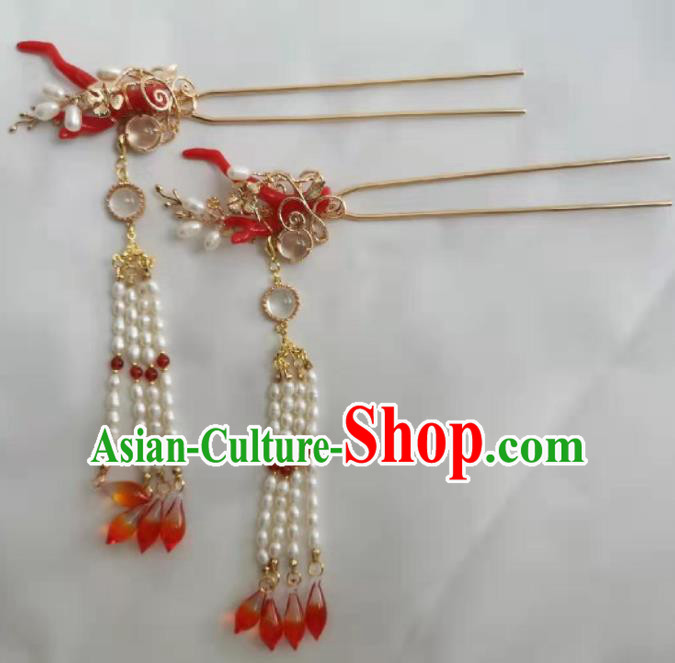 Traditional Chinese Ming Dynasty Princess Pearls Tassel Hairpins Ancient Court Queen Hair Accessories for Women