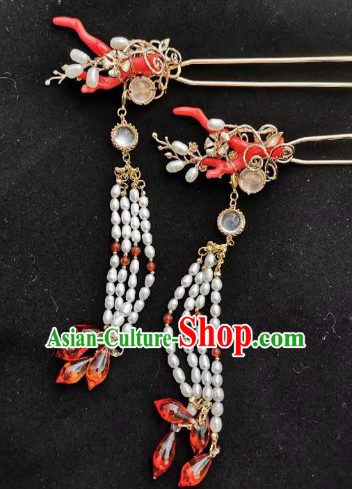 Traditional Chinese Ming Dynasty Princess Pearls Tassel Hairpins Ancient Court Queen Hair Accessories for Women