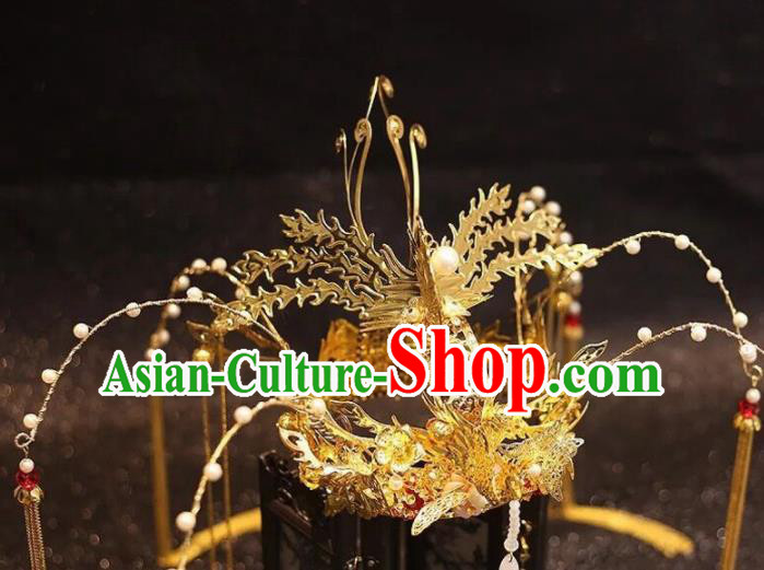 Traditional Chinese Golden Phoenix Coronet Hairpins Ancient Court Queen Hair Accessories for Women