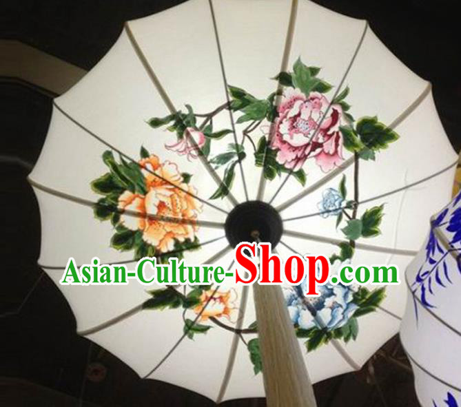 Chinese Traditional Printing Peony Hanging Lantern Handmade New Year Lamp White Cloth Palace Lanterns