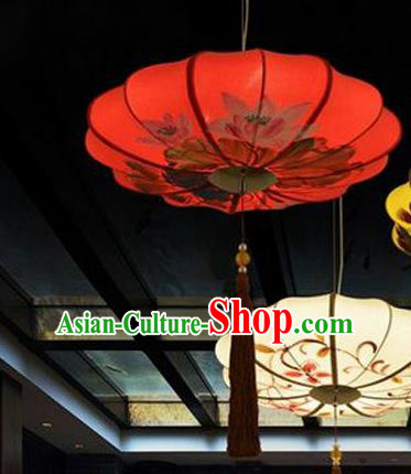 Chinese Traditional Printing Lotus Red Hanging Lantern Handmade New Year Lamp Cloth Palace Lanterns