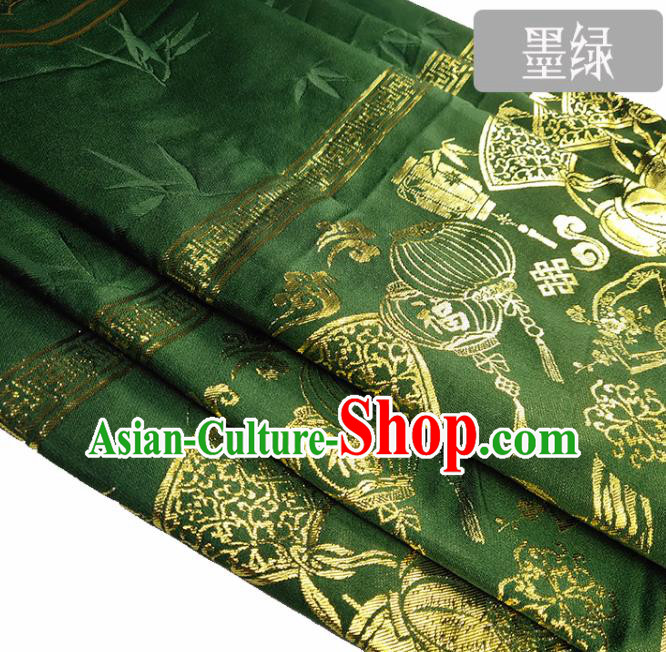 Chinese Traditional Palace Lantern Pattern Deep Green Brocade Fabric Silk Satin Fabric Hanfu Material