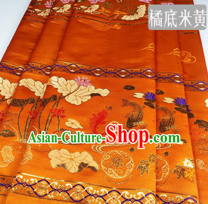 Chinese Traditional Lotus Fishes Pattern Orange Brocade Fabric Silk Satin Fabric Hanfu Material