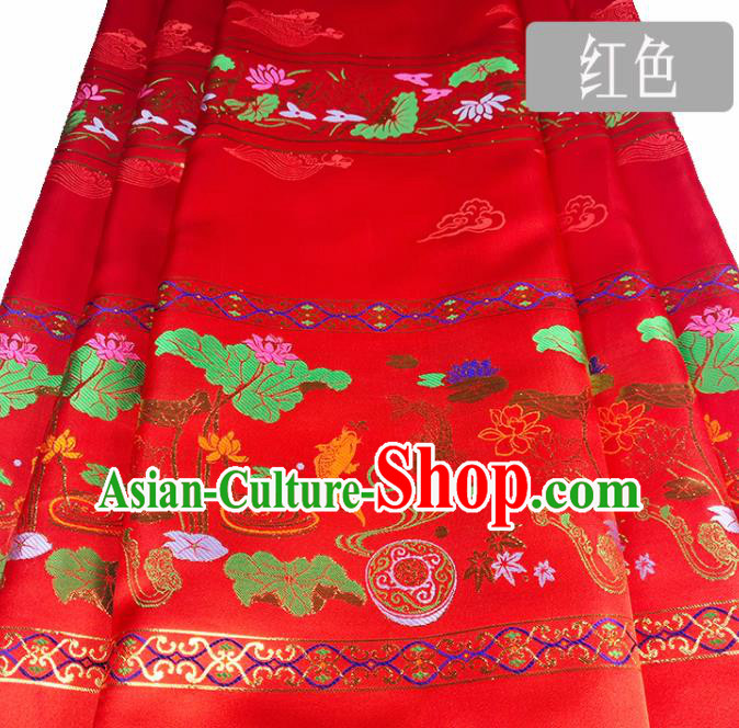 Chinese Traditional Fishes Lotus Pattern Red Brocade Fabric Silk Satin Fabric Hanfu Material