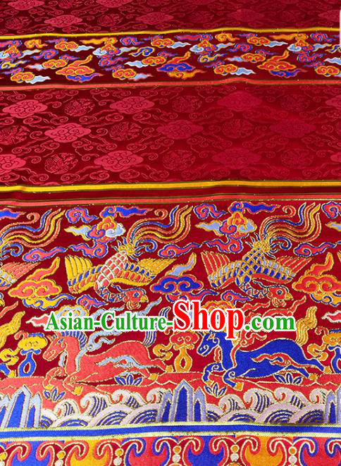 Chinese Traditional Phoenix Horse Pattern Red Brocade Fabric Silk Satin Fabric Hanfu Material