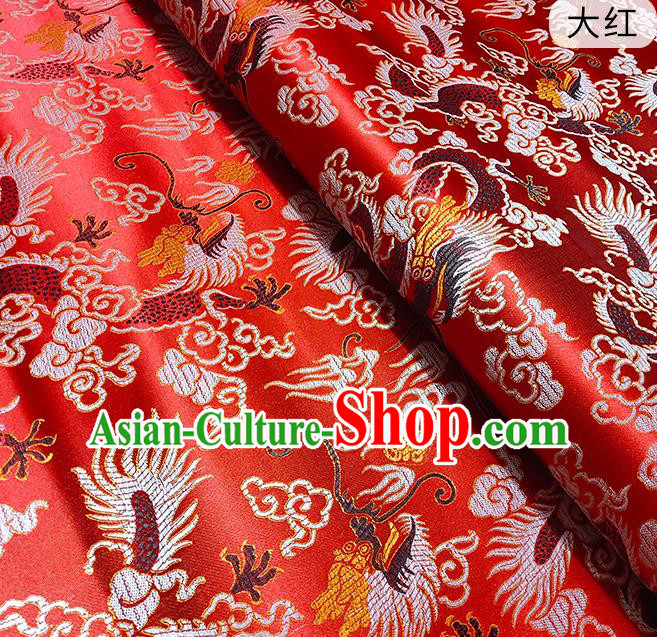 Chinese Traditional Dragons Pattern Bright Red Brocade Fabric Silk Satin Fabric Hanfu Material