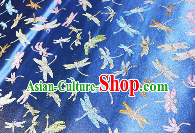 Chinese Traditional Dragonfly Pattern Blue Brocade Fabric Silk Satin Fabric Hanfu Material