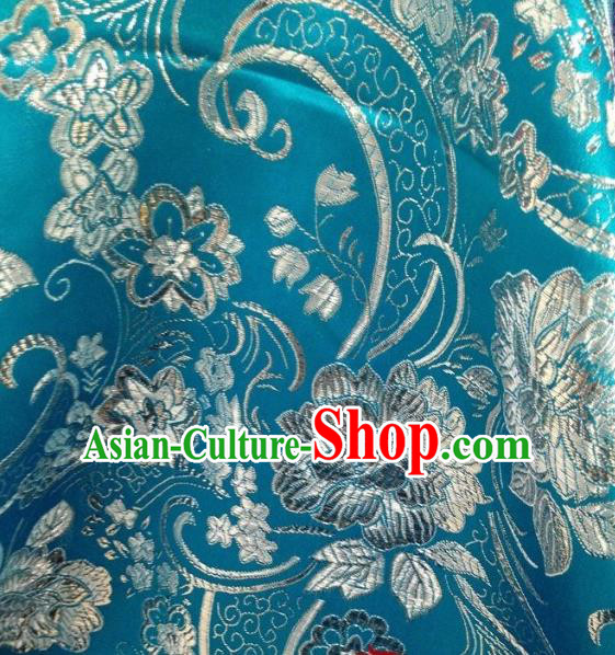 Chinese Traditional Peony Pattern Blue Brocade Fabric Silk Tapestry Satin Fabric Hanfu Material