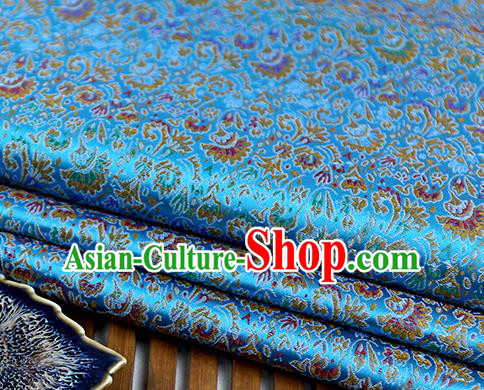 Chinese Traditional Celosia Cristata Pattern Blue Brocade Fabric Silk Tapestry Satin Fabric Hanfu Material