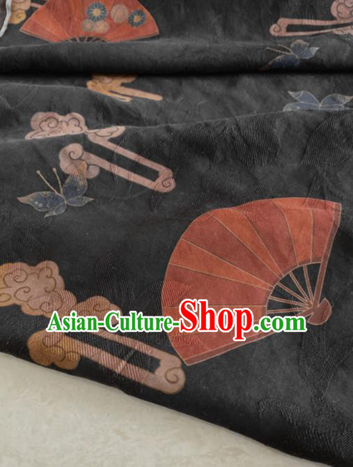 Chinese Traditional Butterfly Fan Pattern Black Silk Fabric Hanfu Gambiered Guangdong Gauze Material