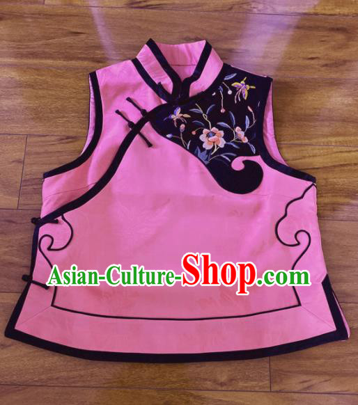 Chinese Traditional Embroidered Pink Silk Vest Tang Suit Waistcoat for Women