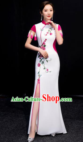 Chinese National Embroidered Rosy Tassel Qipao Dress Traditional Compere Cheongsam Costume for Women