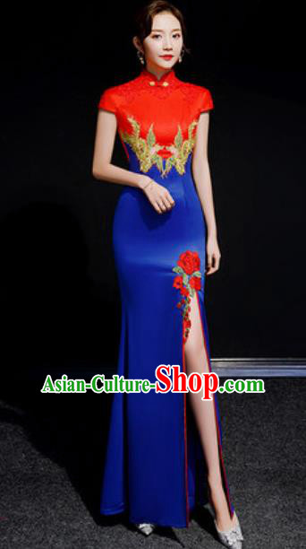 Chinese Compere National Embroidered Royalblue Qipao Dress Traditional Cheongsam Costume for Women