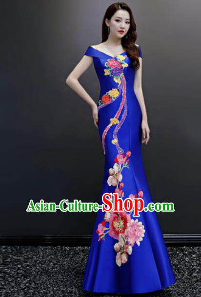 Top Compere Embroidered Royalblue Flat Shoulder Full Dress Evening Party Costume for Women