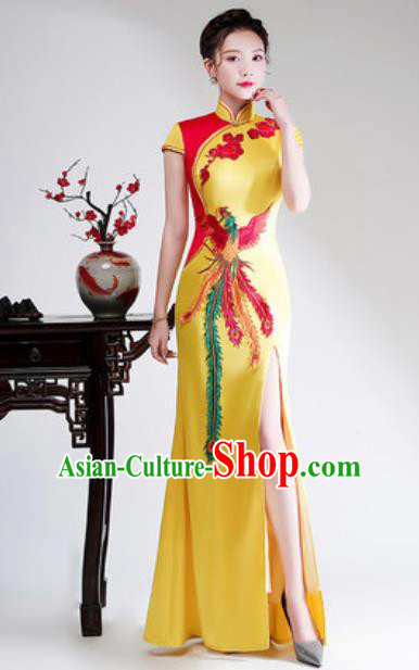 Chinese Compere Embroidered Phoenix Yellow Full Dress Traditional National Cheongsam Costume for Women